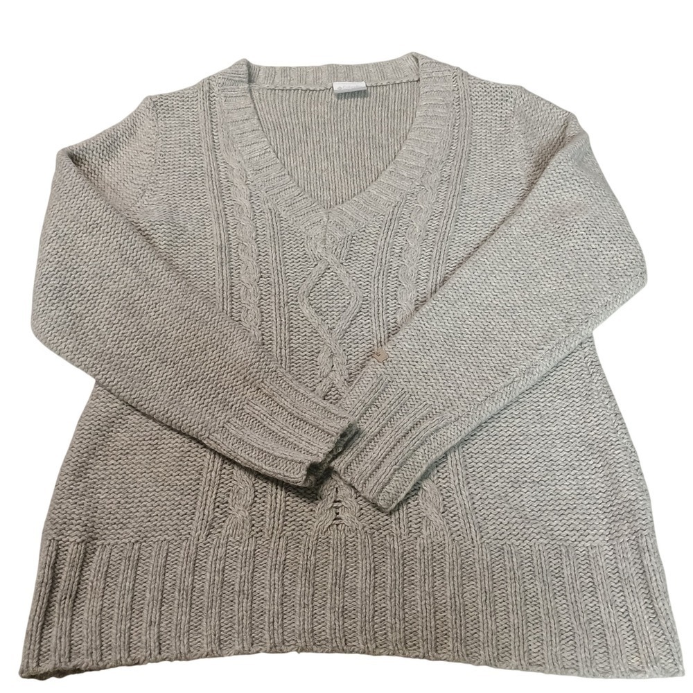 Columbia XL V-Neck Cable‎ Knit Sweater Women's Gray Wool Blend Cottagecore